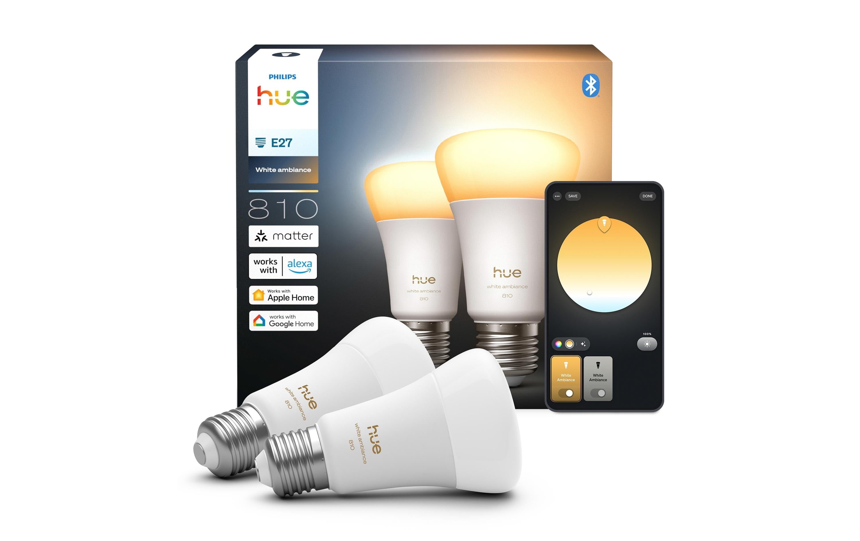 Philips Hue Smart Leuchtmittel E27 White Ambiance – 810 lm, Bluetooth, dimmbar – 2er-Pack