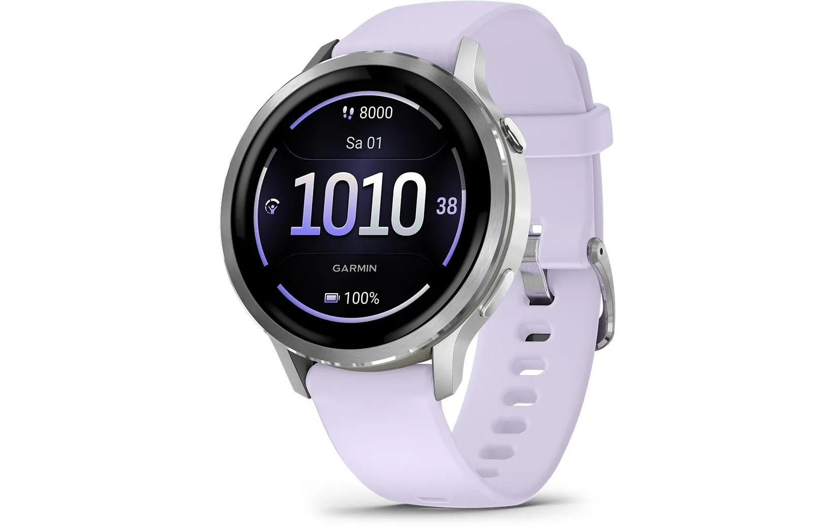 Garmin Venu 4 – Smartwatch – 41 mm, GPS, AMOLED, Gorilla Glass, 5 ATM, Silber/Lavendel, Sportarmband