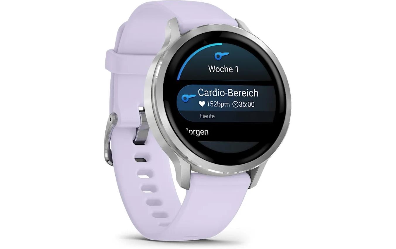 Garmin Venu 4 – Smartwatch – 41 mm, GPS, AMOLED, Gorilla Glass, 5 ATM, Silber/Lavendel, Sportarmband