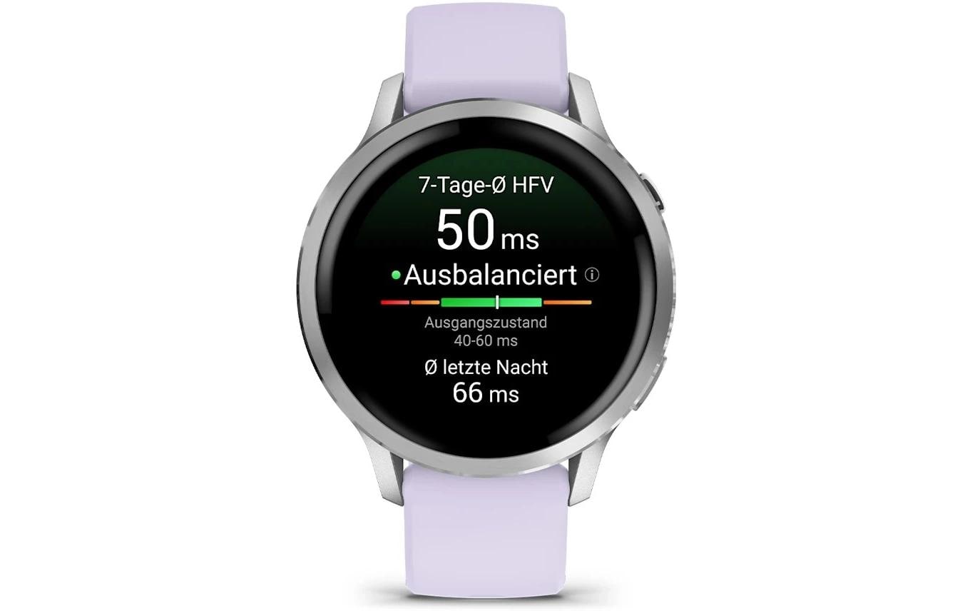 Garmin Venu 4 – Smartwatch – 41 mm, GPS, AMOLED, Gorilla Glass, 5 ATM, Silber/Lavendel, Sportarmband