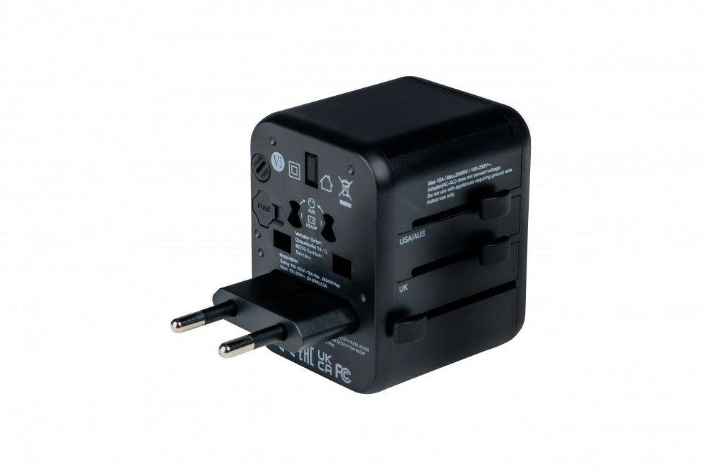 Verbatim Reiseadapter – 100–250 V, 2'500 W, 2x USB (PD20W) – von Typ A/B/C zu Typ E/F/G usw. – schwarz