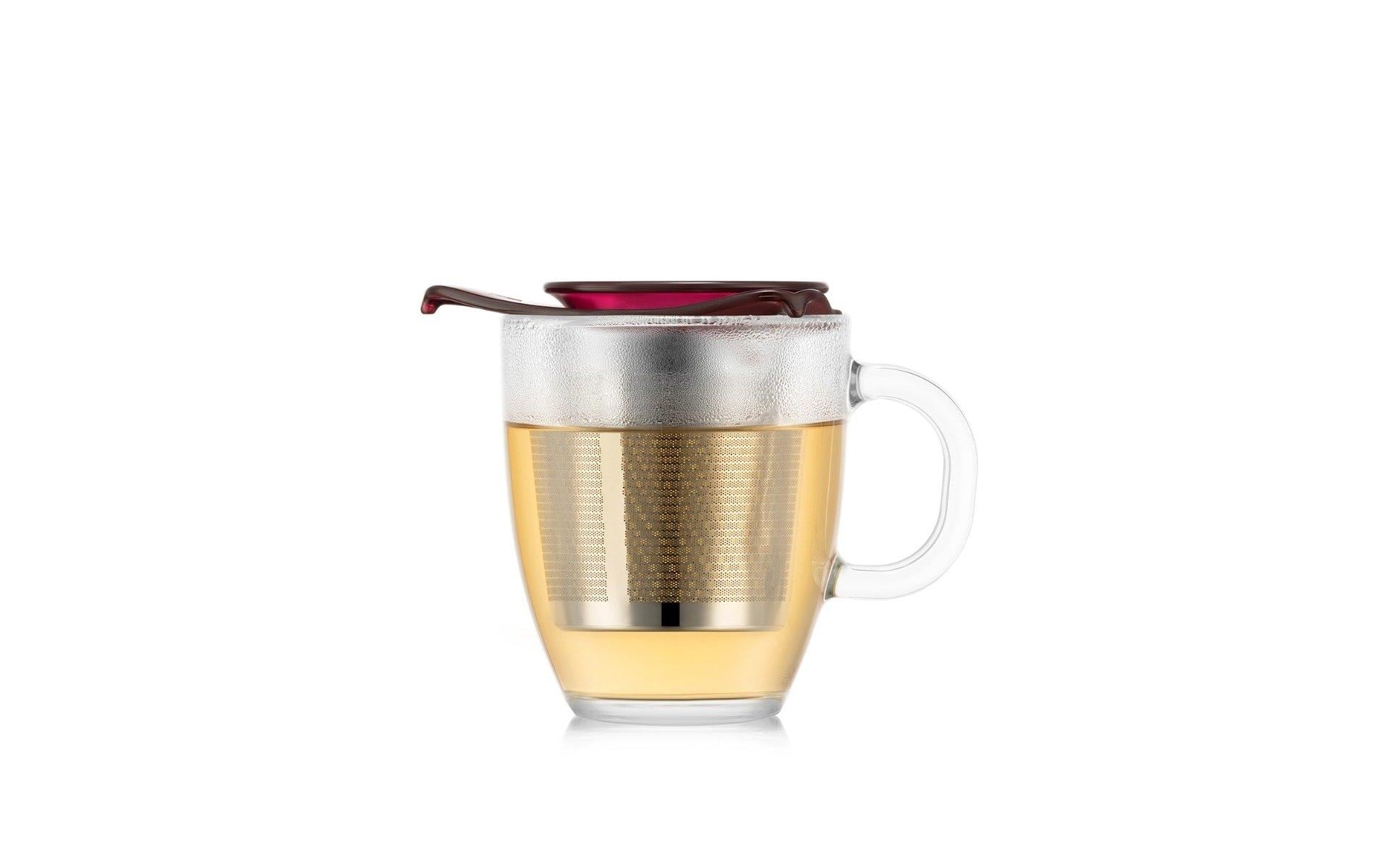 Bodum Teetasse – 350 ml, 10 × 11,5 cm, Borosilikatglas, Bordeaux, mit Edelstahlsieb