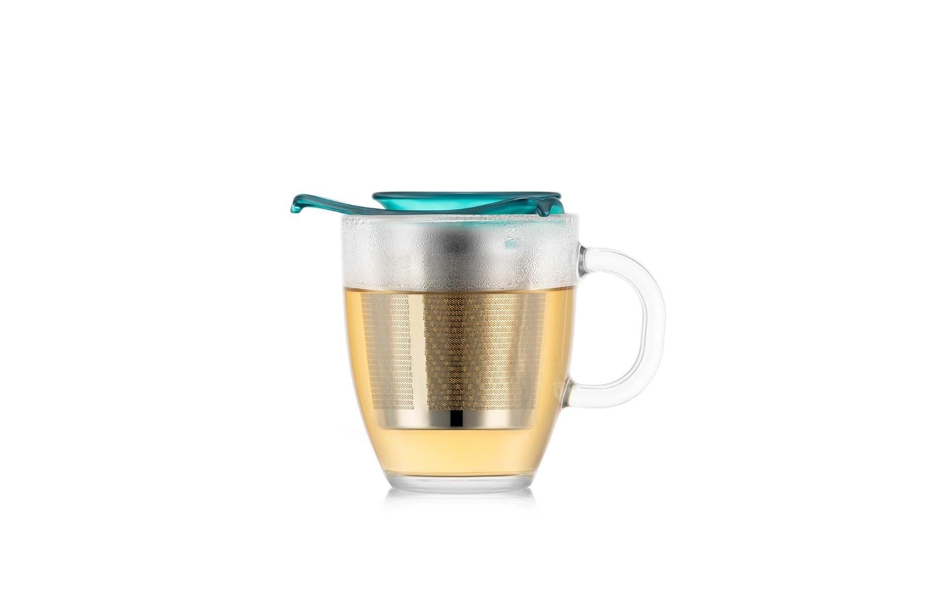 Bodum Teetasse – 350 ml, Ø 10,0 cm, H 11,5 cm, Borosilikatglas, Transparent/Grün, mit Edelstahlsieb, BPA-frei