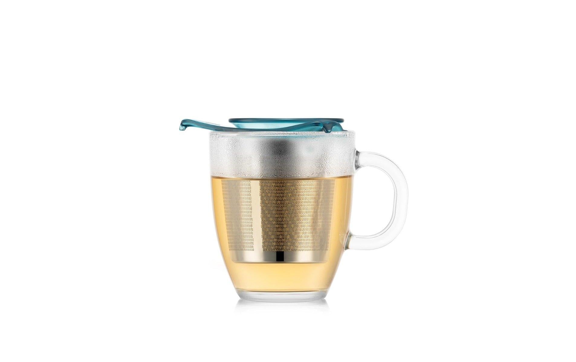Bodum Teetasse Yo-Yo – 350 ml, H 11,5 cm, B 10,0 cm, Borosilikatglas/Edelstahl, Blau, mit Edelstahlsieb