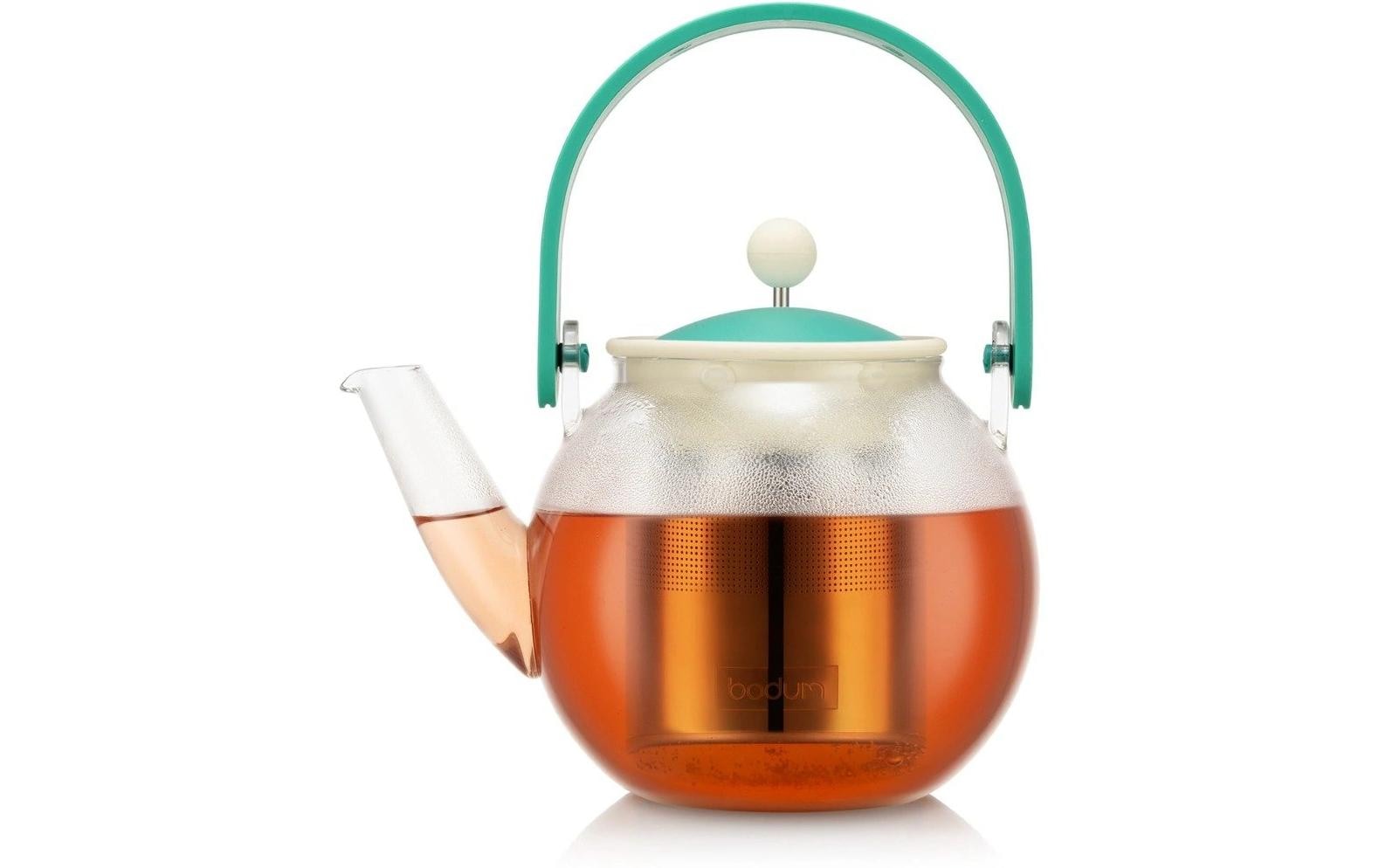 Bodum Teekanne Assam – 1 l, 20,2 × 22,0 × 22,0 cm, Borosilikatglas/Bambus, Grün/Transparent, Edelstahlfilter