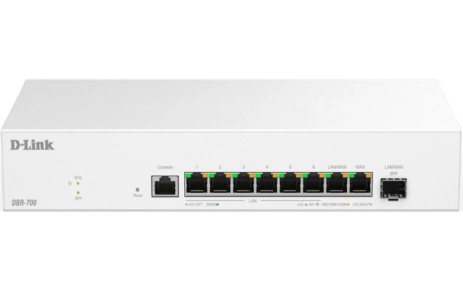 D-Link DBR-700 – VPN-Router – 6×2.5G LAN, 1×2.5G SFP, 1×WAN, Multi-WAN, 100×IPsec, rackfähig