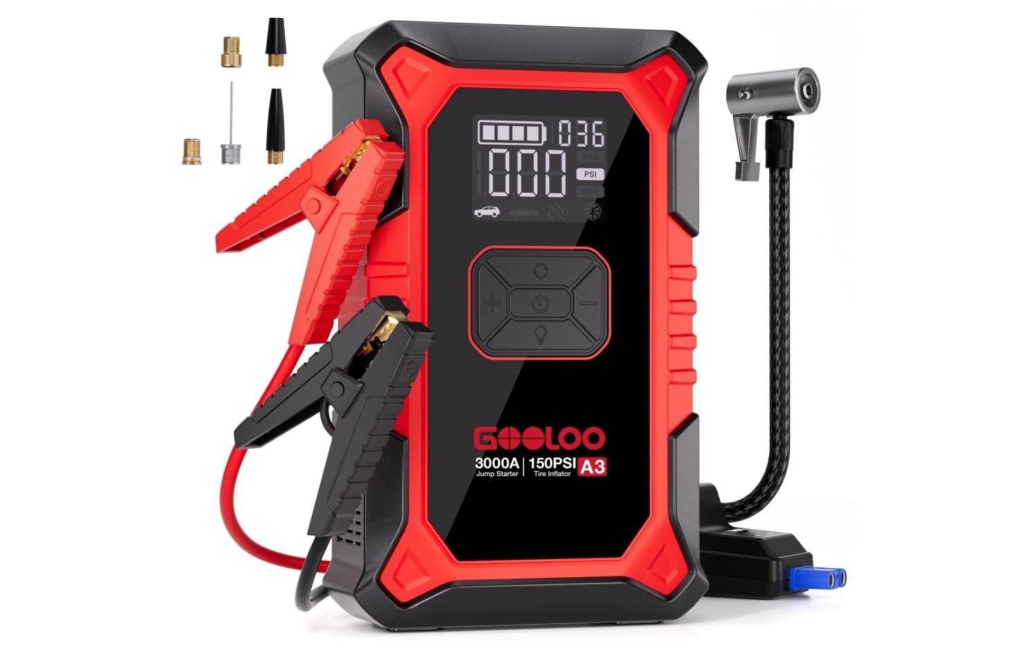 Gooloo A3 – Starthilfegerät mit Kompressor, 12 V, 3000 A, 44,4 Wh, Powerbank, 1× USB-A