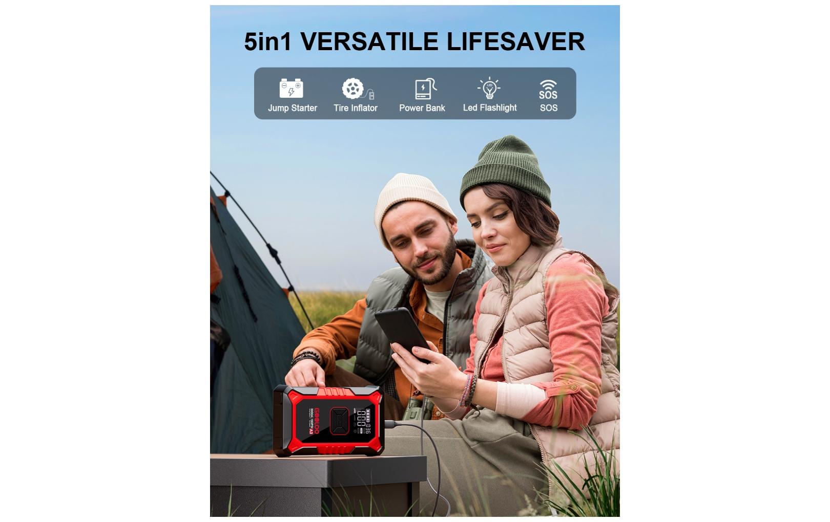 Gooloo A3 – Starthilfegerät mit Kompressor, 12 V, 3000 A, 44,4 Wh, Powerbank, 1× USB-A