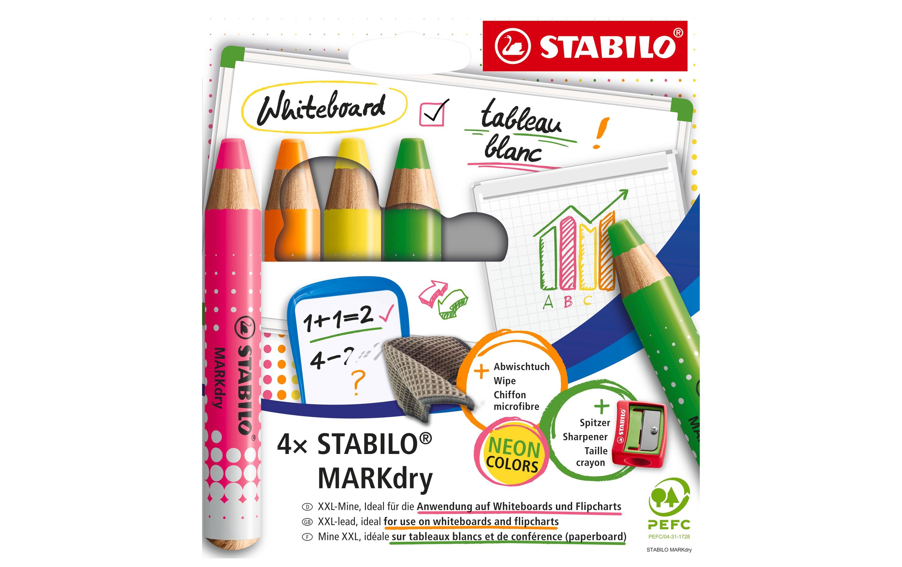 STABILO Whiteboard-Marker MARKdry – 2-5 mm – sortiert – 4er-Set – trocken abwischbar