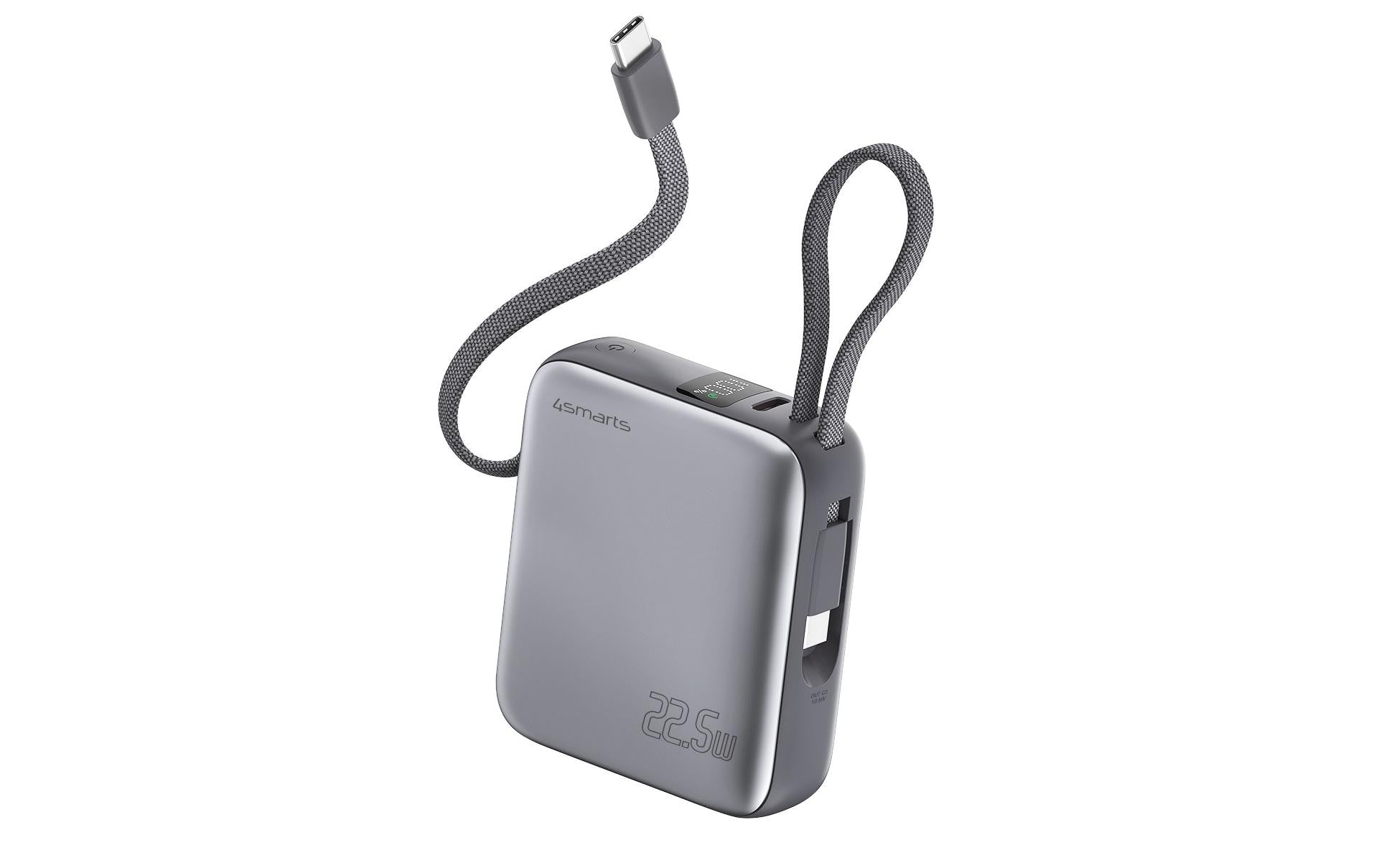 4smarts Powerbank 10000 mAh, PD 22,5 W, mit integriertem Ladekabel, für Smartphones, grau