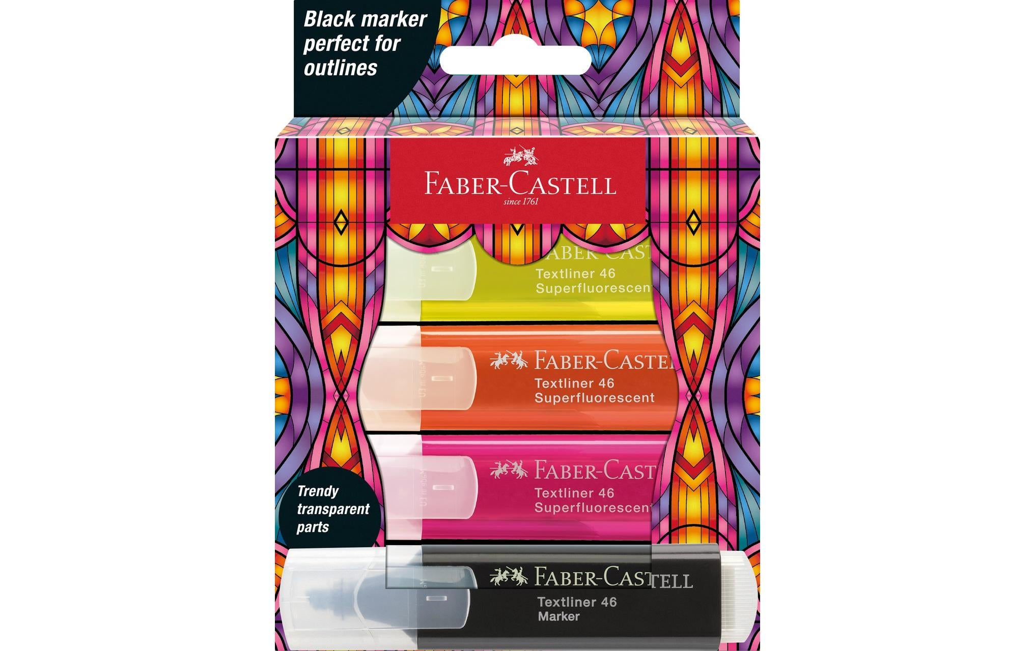 Faber-Castell Textliner 46 Textmarker – 4er Set, Farben sortiert, Keilspitze 1/2/5 mm