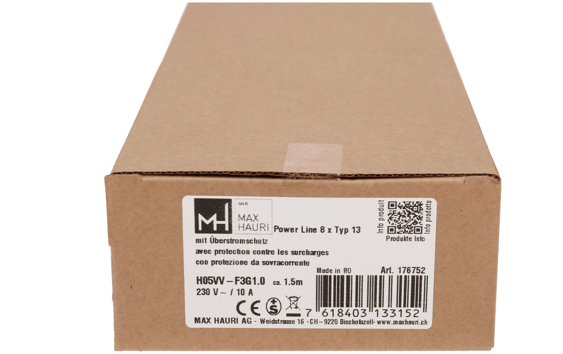 Max Hauri AG Max Hauri Power Line Steckdosenleiste – 8×T13, ohne Schalter, 1,5 m, Eingang T12, Überlastschutz – grau/schwarz