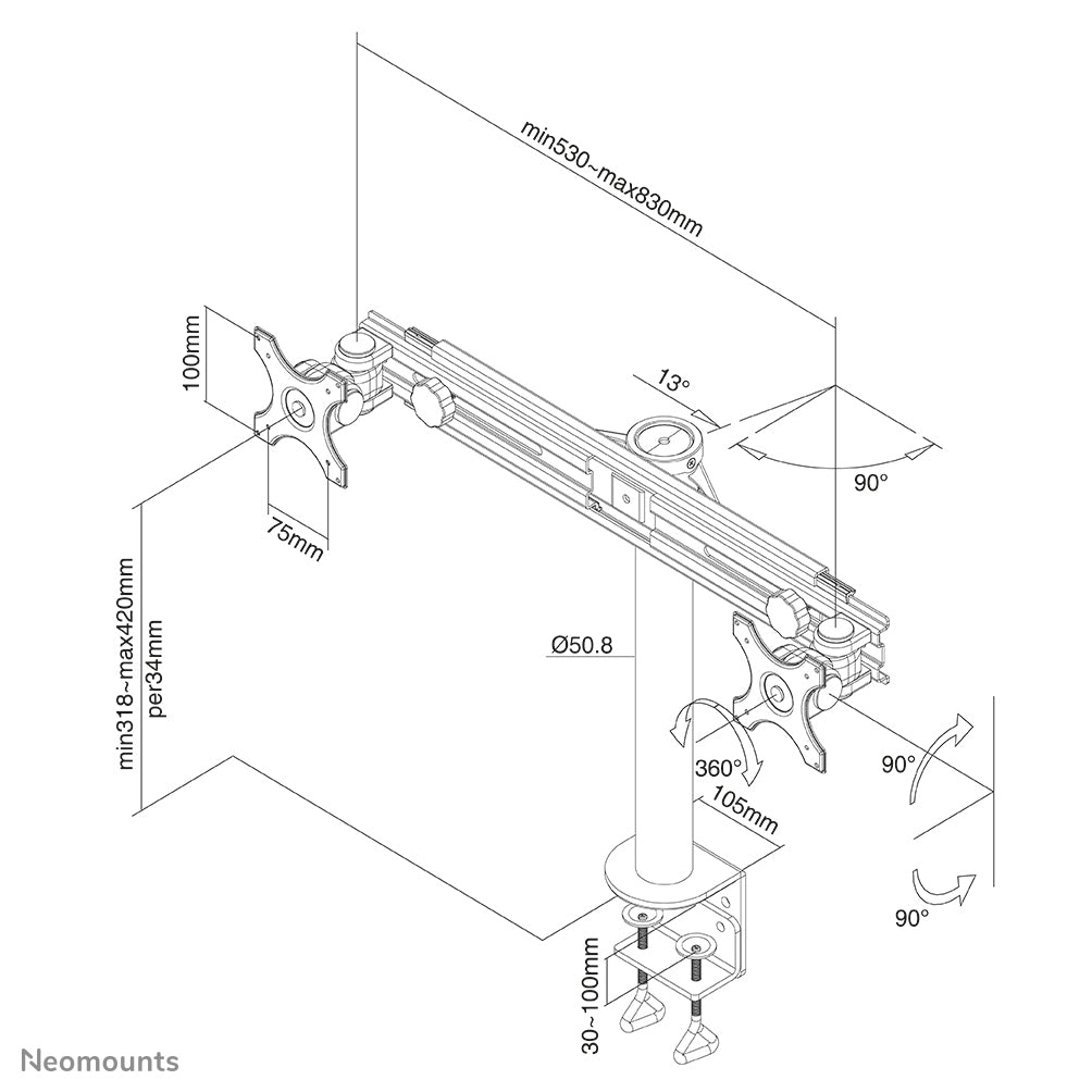 Neomounts Kipp-/Dreh-/Schwenkbarer Dual-Schreibtisch – Monitorarm, Dual, Tischklemme, bis 30", VESA 75 × 75/100 × 100 mm, 8 kg