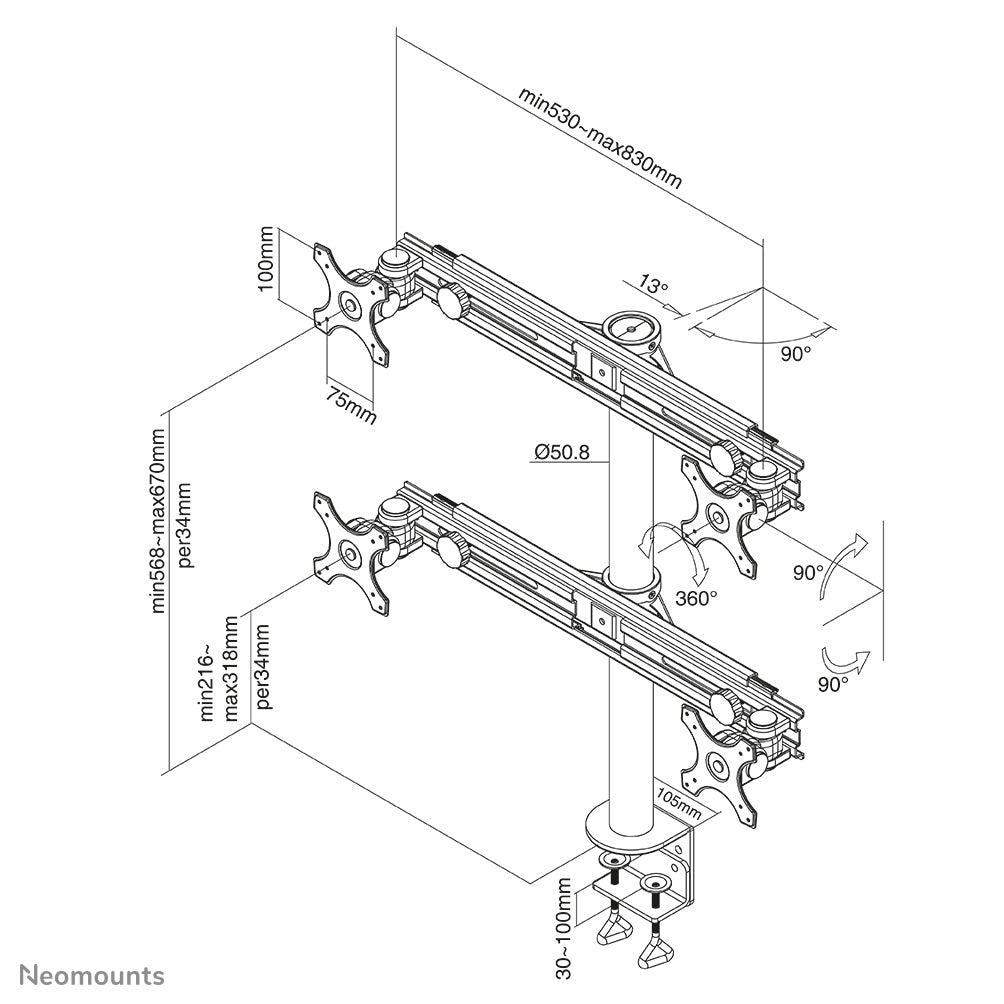 Neomounts FPMA D700D4 – Tischhalterung, Quad, Tischklemme, bis 30", VESA 75 × 75 mm, 32 kg, neigbar, schwarz