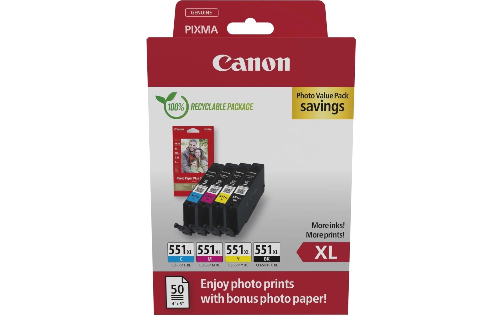 Canon Tintenpatronen-Multipack CLI-551XL Photo Cube, 4er-Pack, mit Fotopapier (50 Blatt) – für Inkjetdrucker