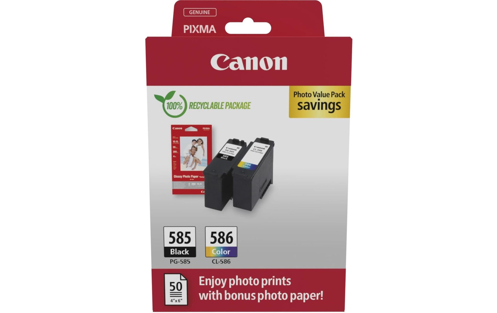 Canon Tintenpatronen-Multipack PG-585/CLI-586 Photo Cube, mit Fotopapier 3,9" × 5,9" (50 Blatt) – für Pixma