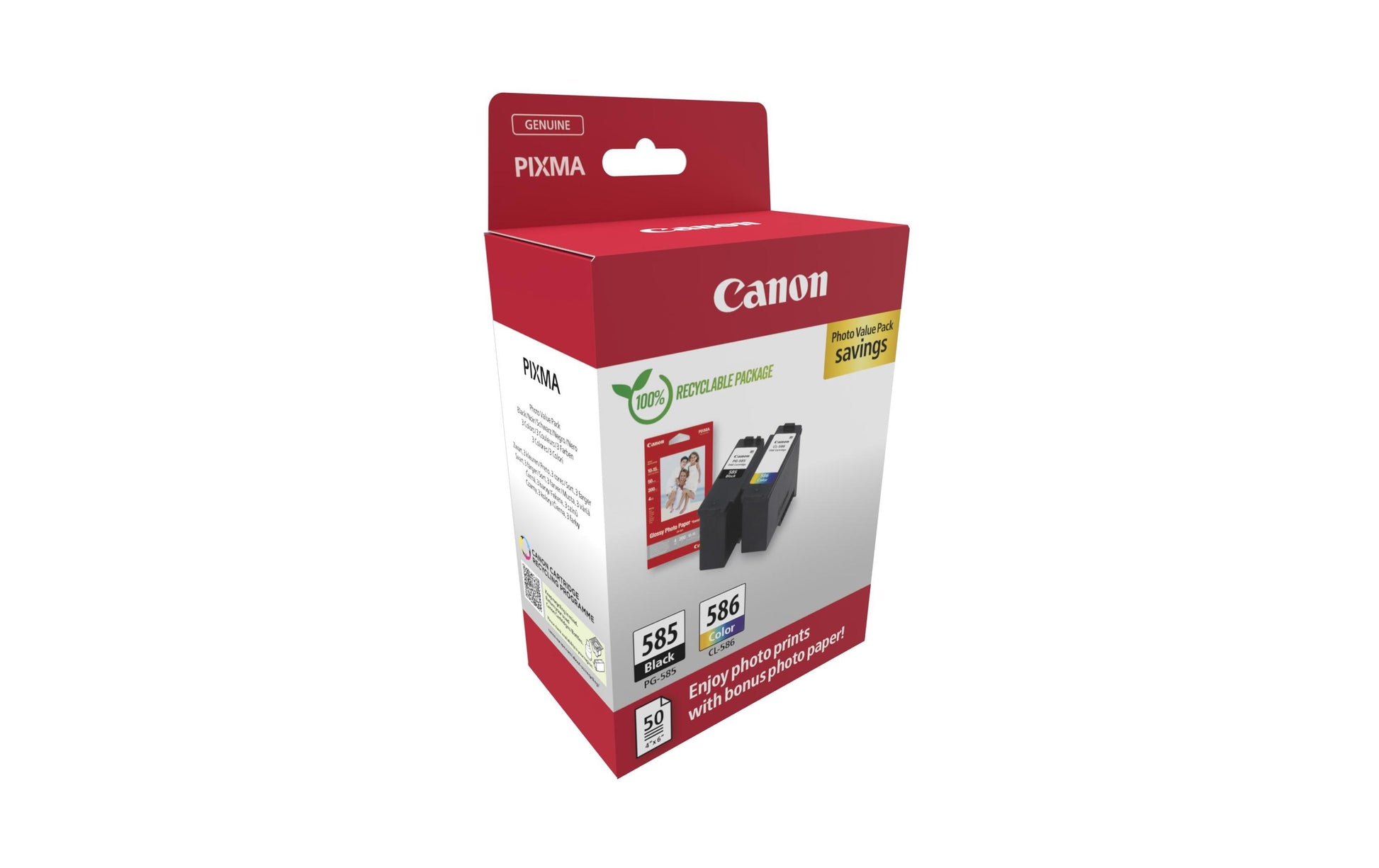 Canon Tintenpatronen-Multipack PG-585/CLI-586 Photo Cube, mit Fotopapier 3,9" × 5,9" (50 Blatt) – für Pixma