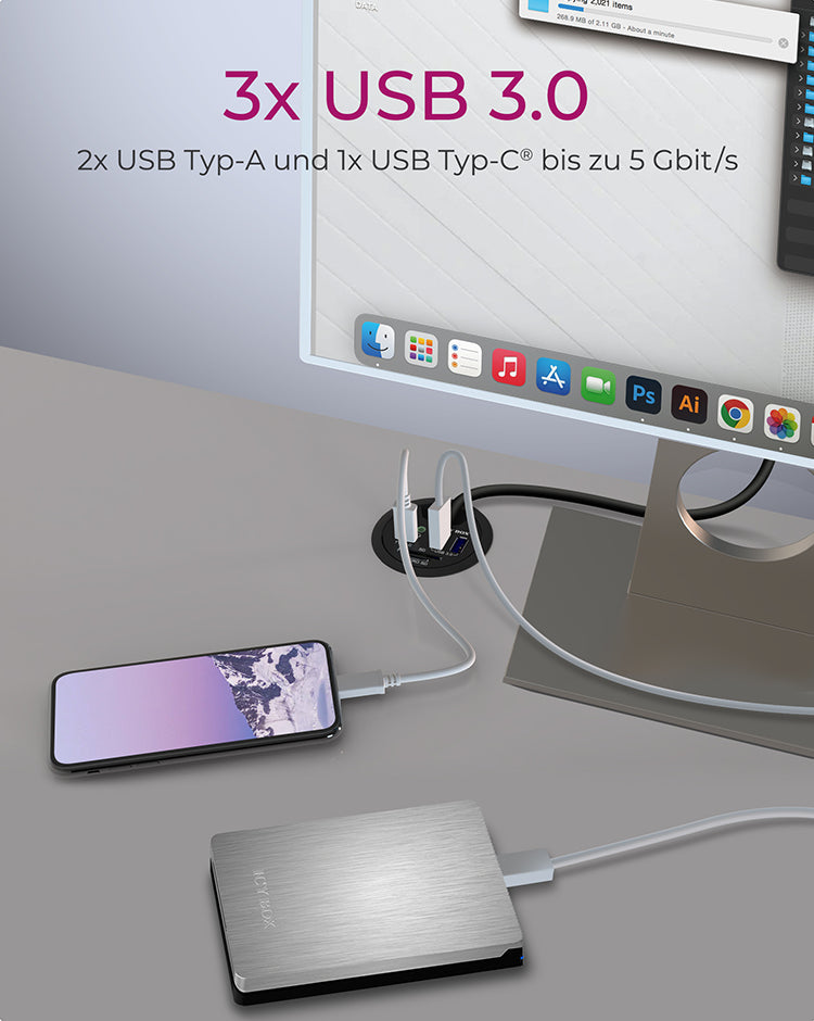 ICY BOX IB-HUB1404A USB-Hub – USB-A, 2× USB-A, 1× USB-C, SD/microSD, 3,5 mm Audio