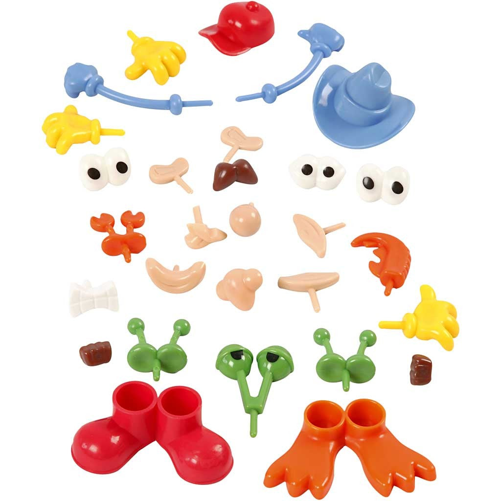 Creativ Company Körperteile von Spielzeugfiguren, Hände, Füsse, Augen, Hüte, Set à 26 Stk, Mehrfarbig