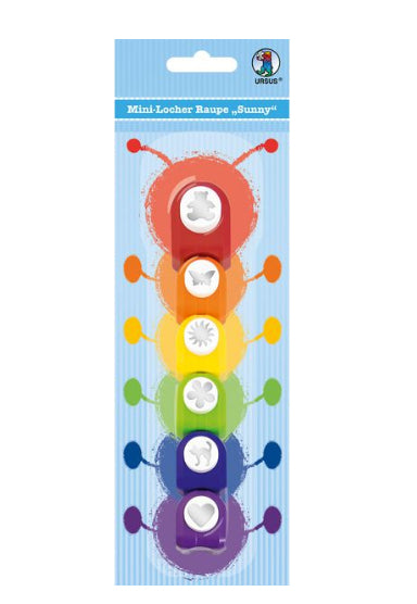 URSUS Raupe Sunny – Motivstanzer, Ø 9,5 mm (5×), Ø 12,7 mm (1×), farbig sortiert, 6er Set