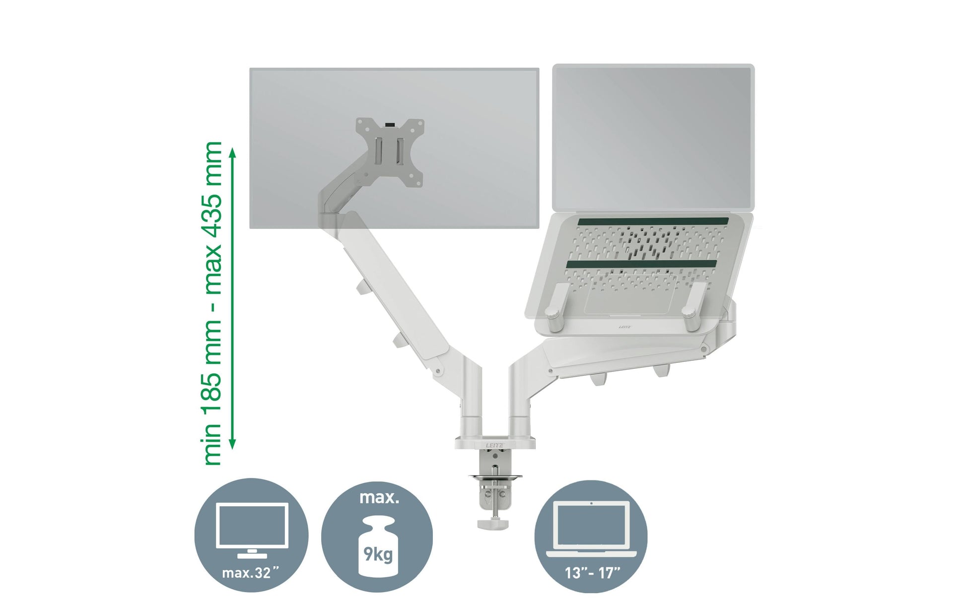 Leitz Ergo – Monitorarm – bis 32", VESA 100 × 100 mm, 9 kg, höhenverstellbar, hellgrau