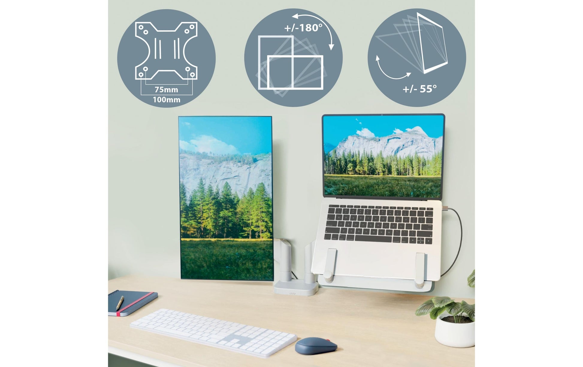 Leitz Ergo – Monitorarm – bis 32", VESA 100 × 100 mm, 9 kg, höhenverstellbar, hellgrau