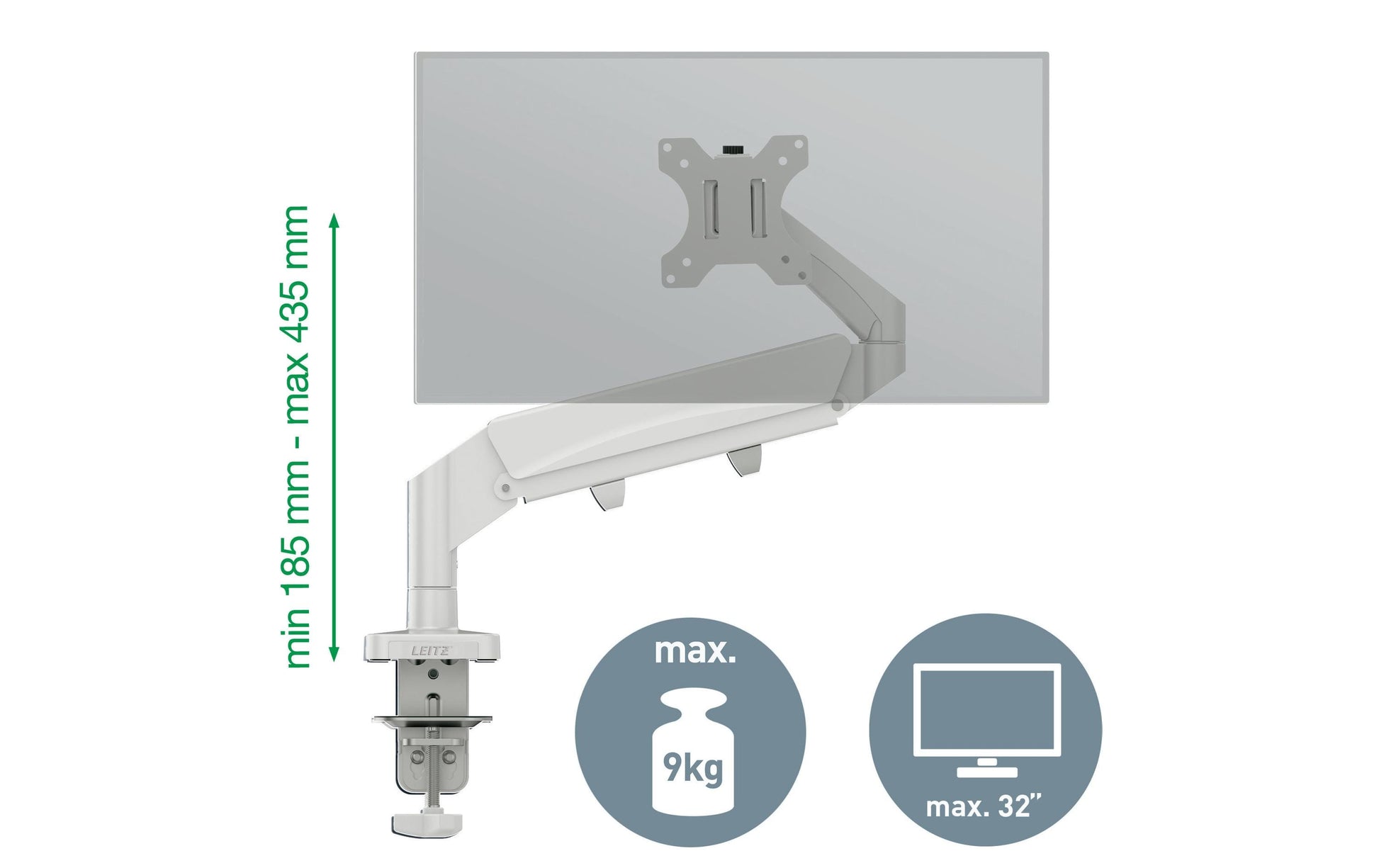 Leitz Ergo 64890085 – Monitorarm, Tischklemme/Tischdurchführung, bis 32", VESA 75 × 75/100 × 100 mm, 9 kg