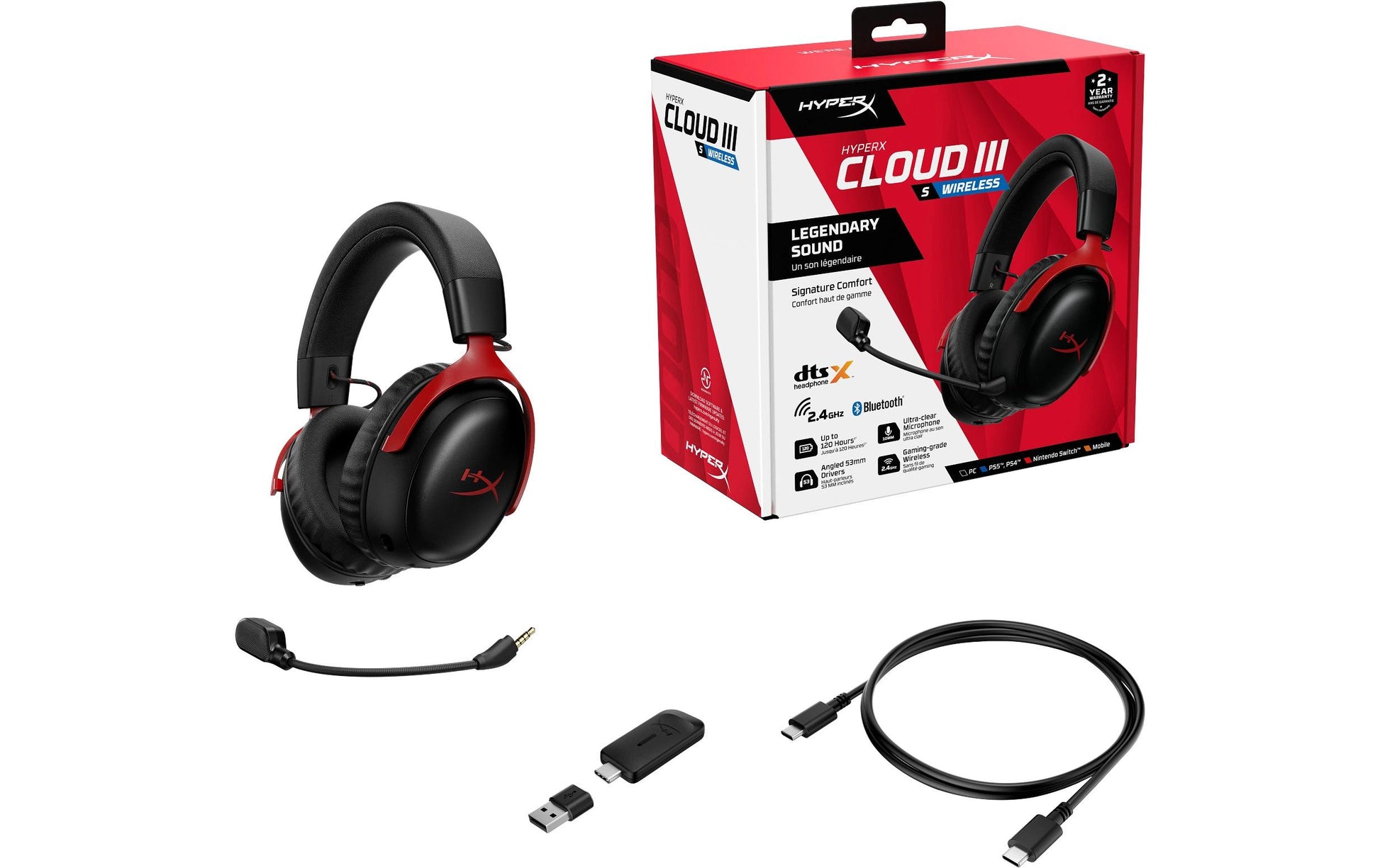 HyperX Cloud III S – Gaming-Headset (Over-Ear), Surround-Sound – Schwarz/Rot – für PS4