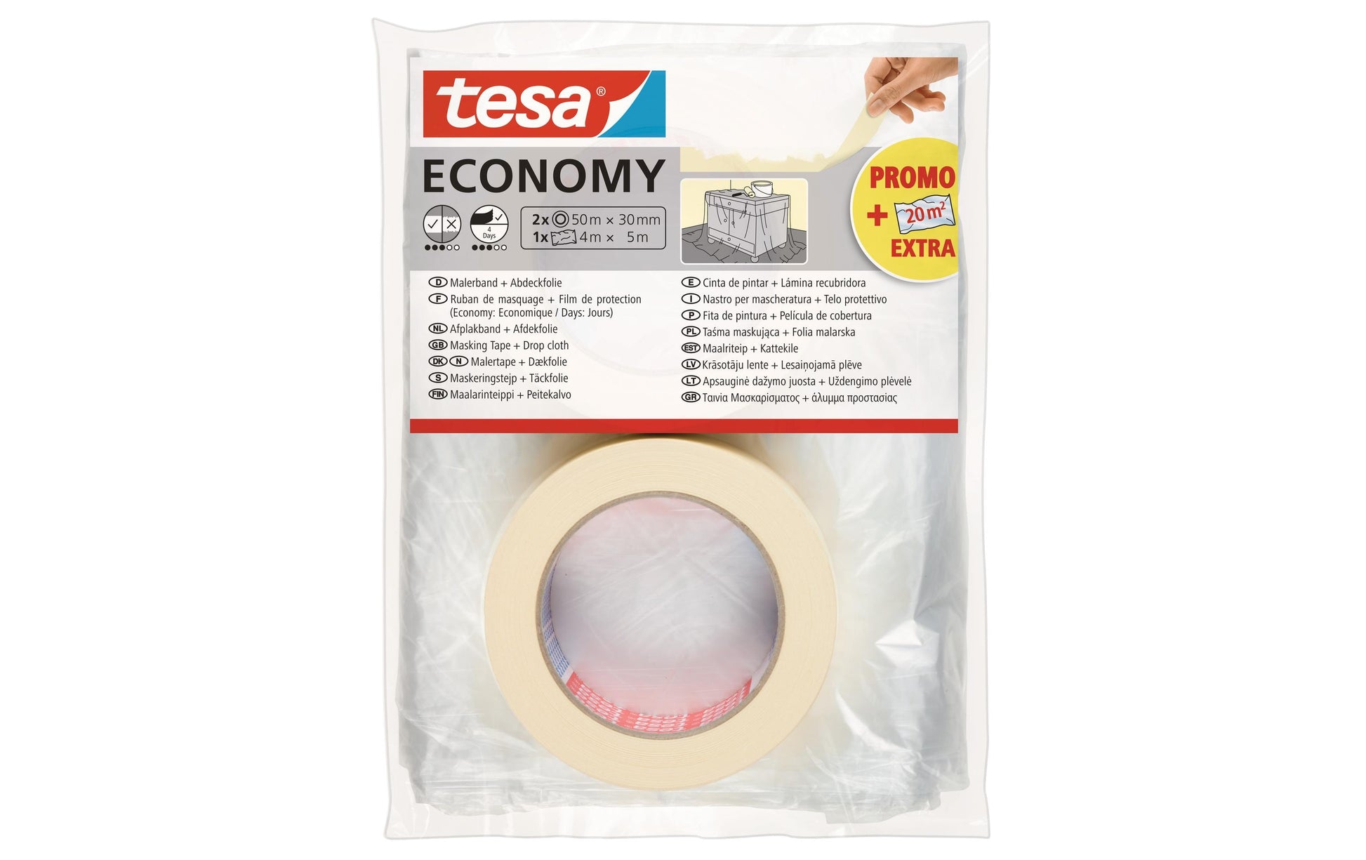 TESA Malerband ECONOMY, beige – 30 mm × 50 m, innen, 2 Rollen