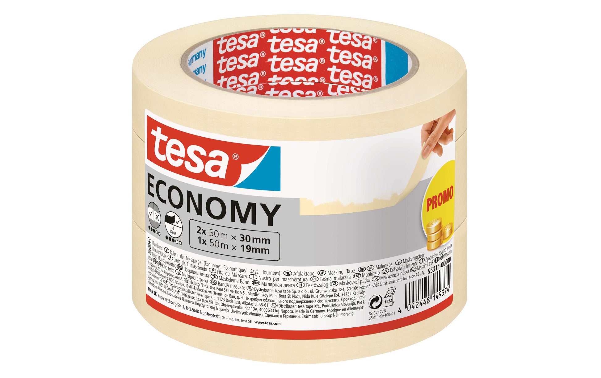 TESA Malerband ECONOMY, beige – 30 mm × 50 m, 3 Rollen