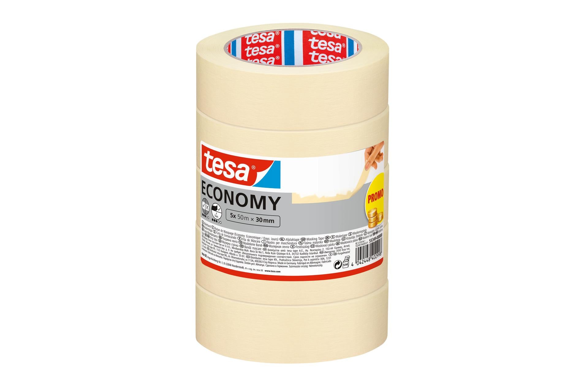TESA Malerband ECONOMY, beige – 30 mm × 50 m, innen, 5 Rollen