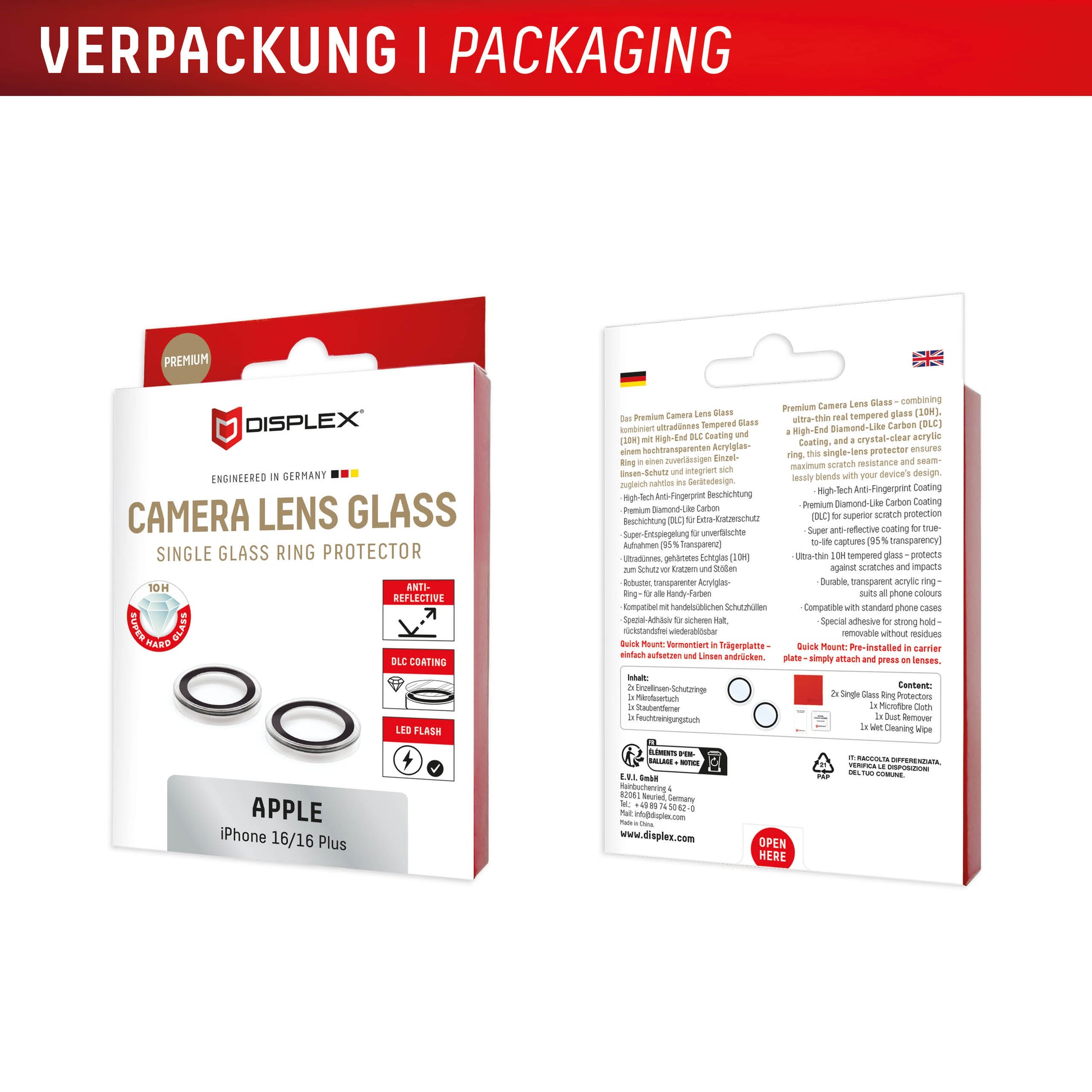 E.V.I. CamGlass Single Lens – Kameraobjektivschutz – 10H – für iPhone 16/16 Plus – Schwarz/Transparent