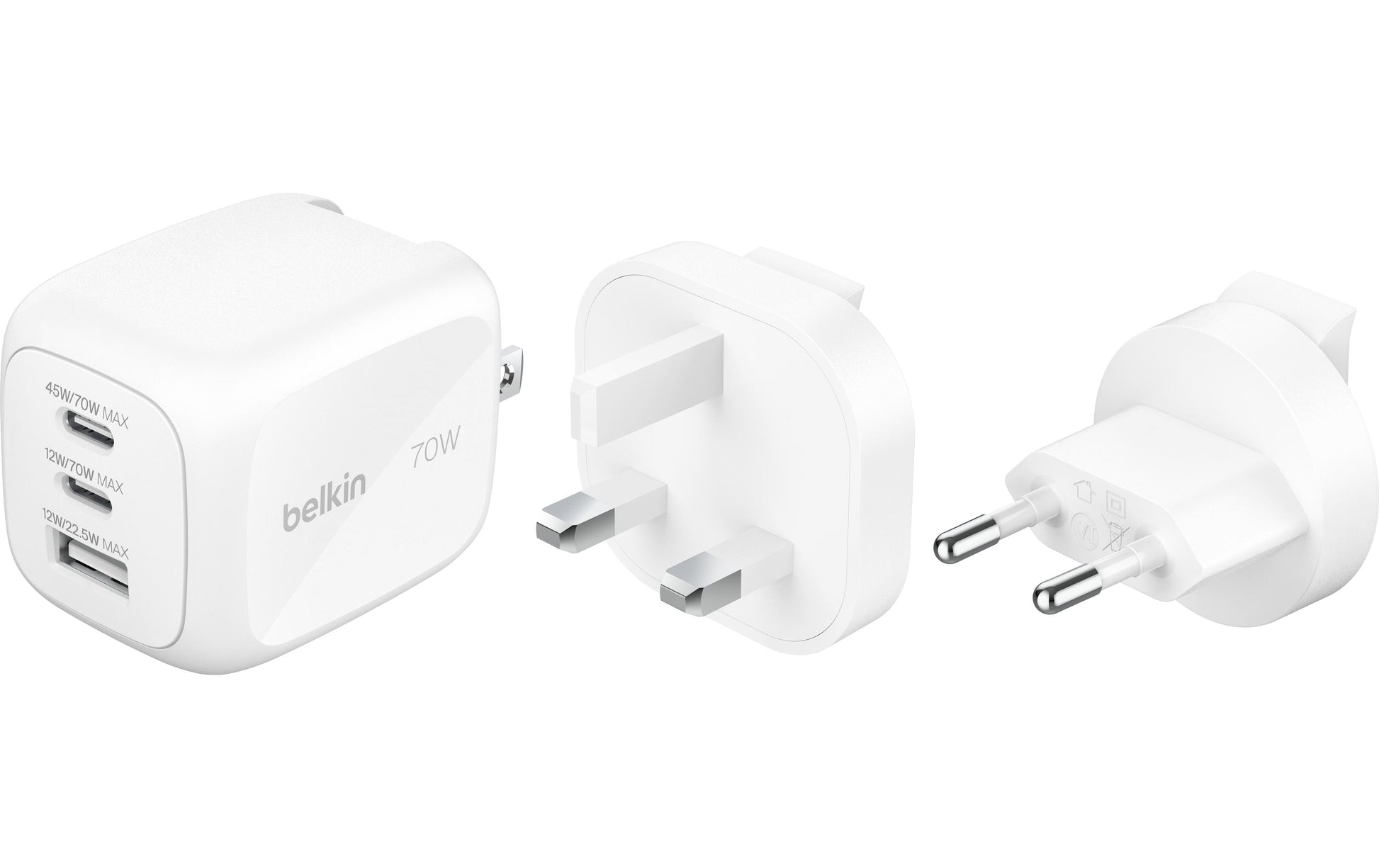 Belkin BOOSTCHARGE Ladegerät (UK, EU, US) – 70 W, 2× USB-C + 1× USB-A