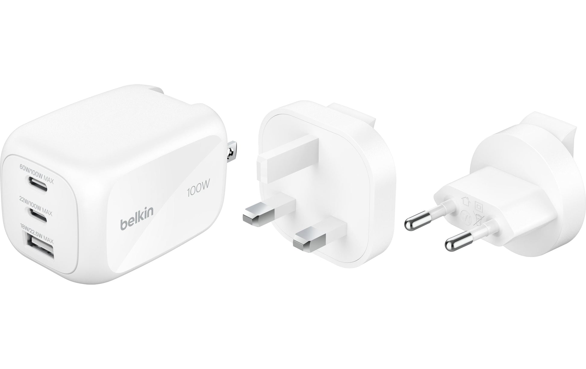 Belkin BOOSTCHARGE Netzteil – 100 W, 2× USB-C + 1× USB-A, Austauschbarer Stecker