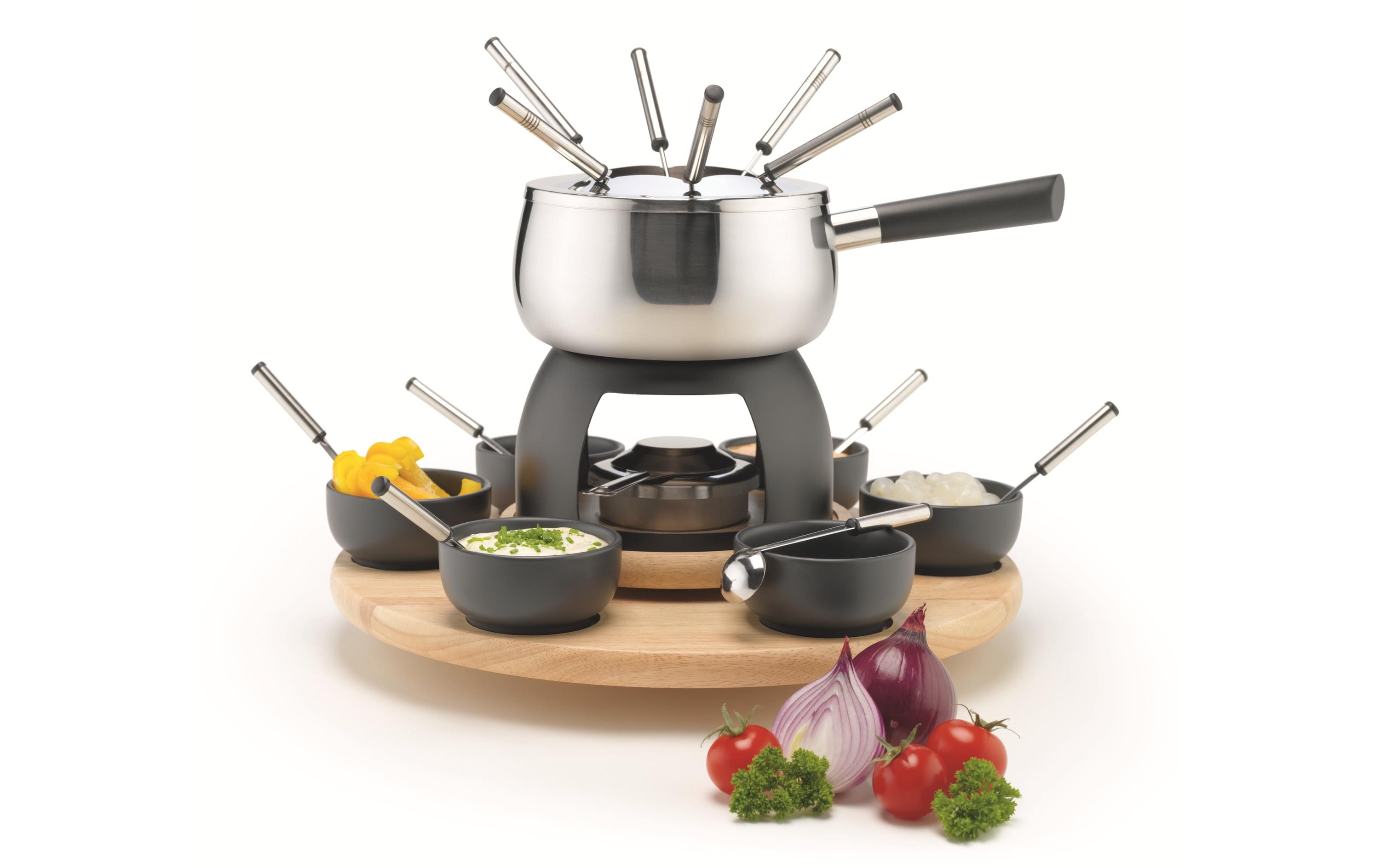 Mäser Fondue-Set – Edelstahl, 2 l, 6 Personen, Pastenbrenner – schwarz/holz