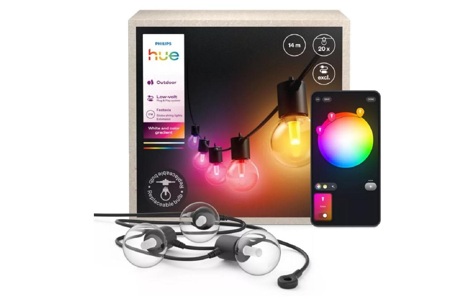 Philips Hue Festavia Globe Outdoor Lichterkette – 24 W, RGBW, 1000–20000 K, 14 m, Bluetooth