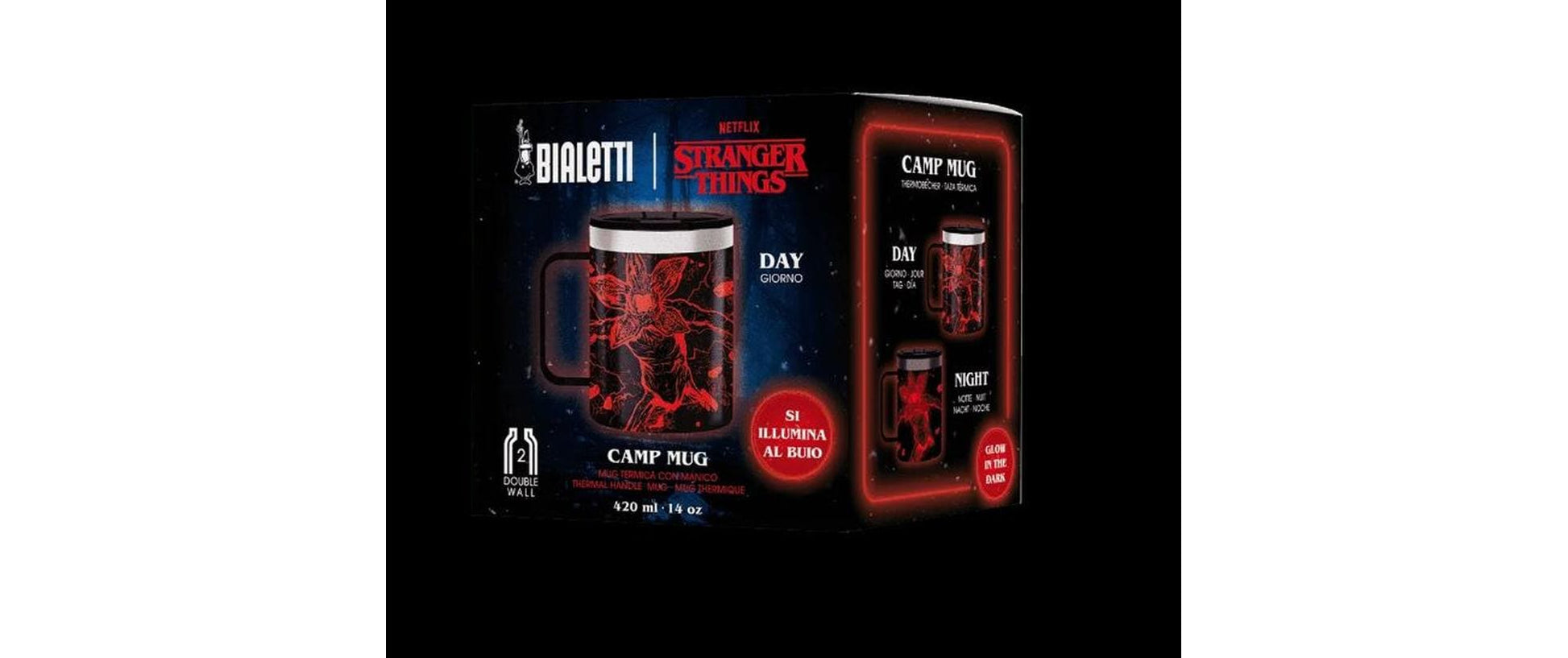 Bialetti Stranger Things Thermobecher 420 ml – doppelwandig, Edelstahl, mit Griff, schwarz/rot
