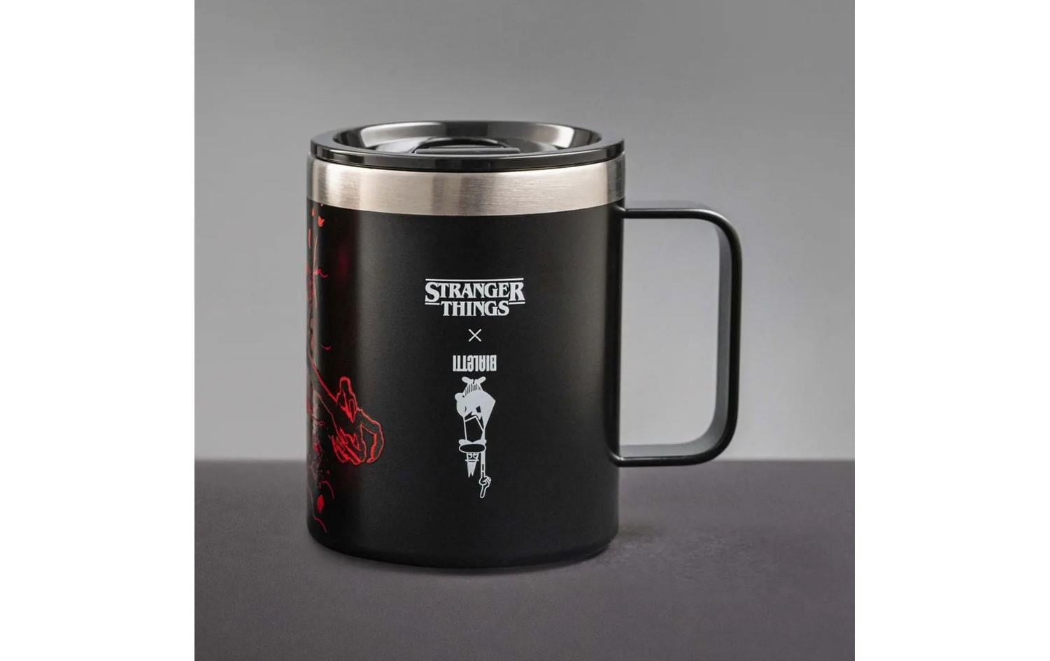 Bialetti Stranger Things Thermobecher 420 ml – doppelwandig, Edelstahl, mit Griff, schwarz/rot