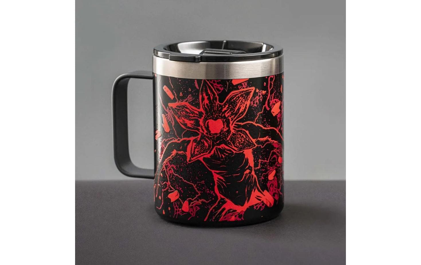 Bialetti Stranger Things Thermobecher 420 ml – doppelwandig, Edelstahl, mit Griff, schwarz/rot
