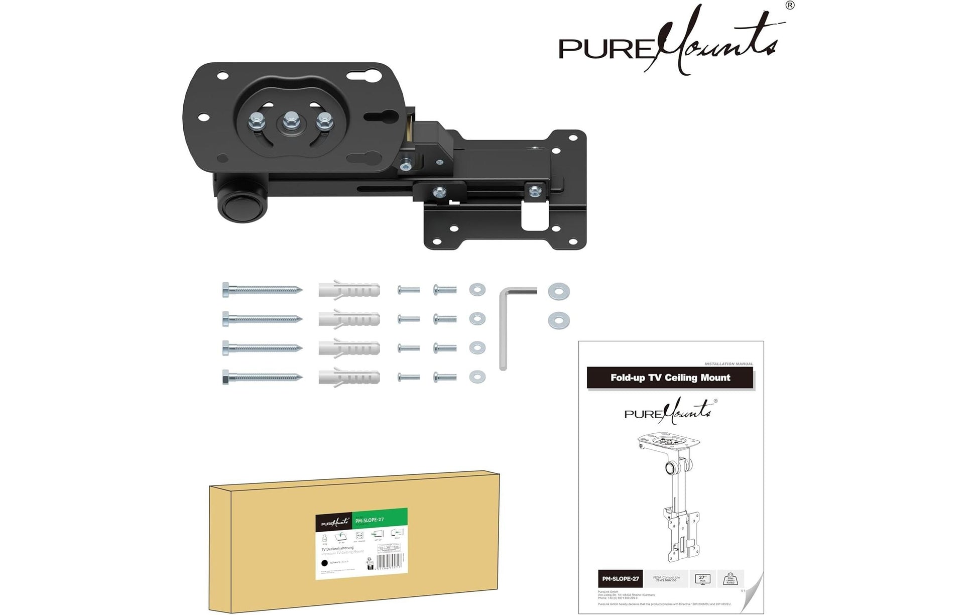 Puremounts Deckenhalterung, drehbar, bis 27", VESA 100×100, bis 20 kg, schwarz