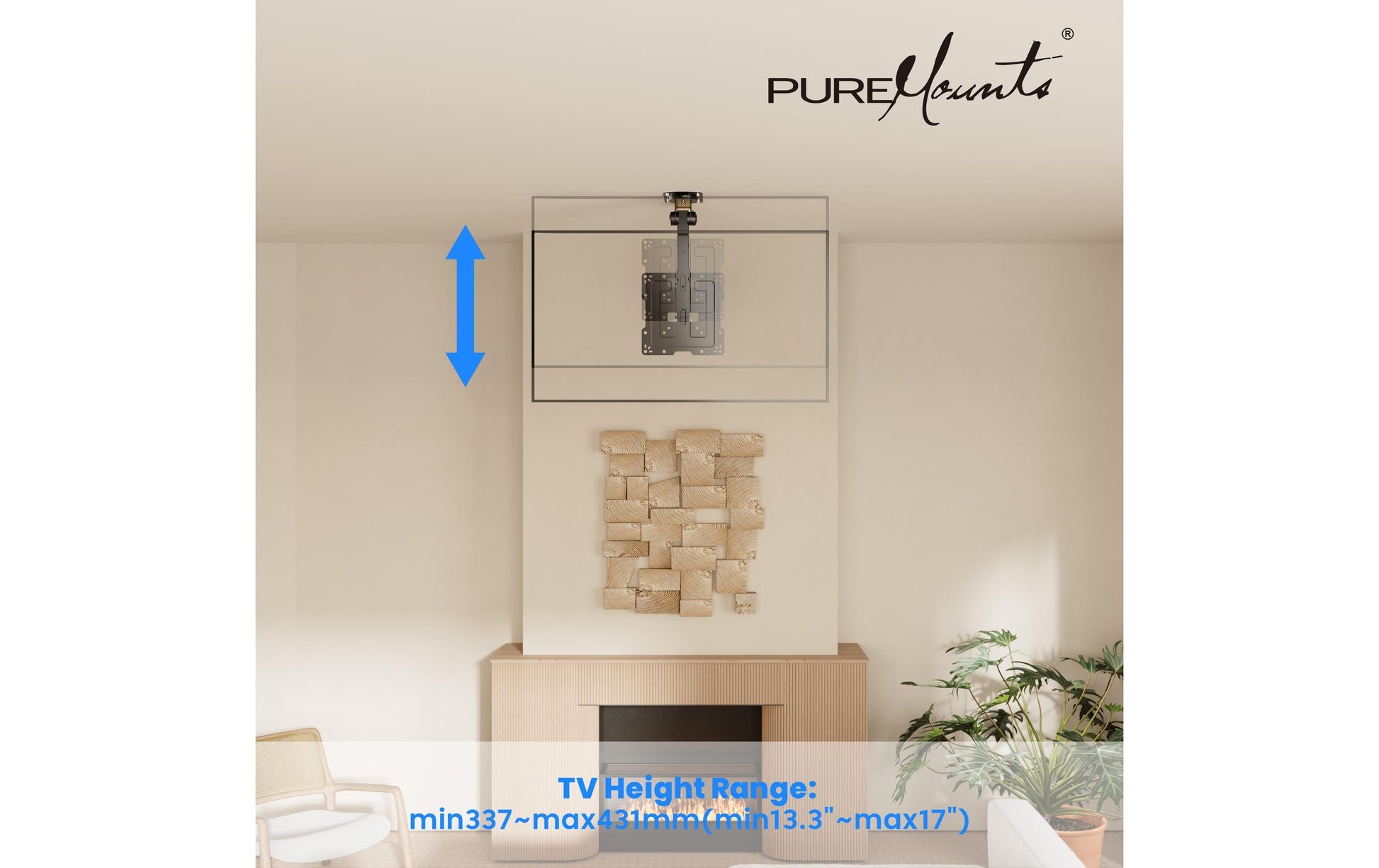 Puremounts Deckenhalterung, neigbar, bis 43", VESA 200×200, bis 20 kg, schwarz