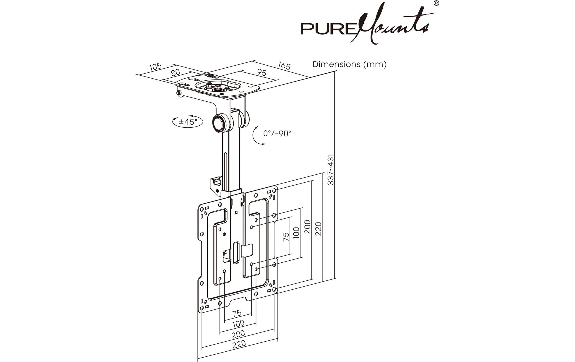 Puremounts Deckenhalterung, neigbar, bis 43", VESA 200×200, bis 20 kg, schwarz