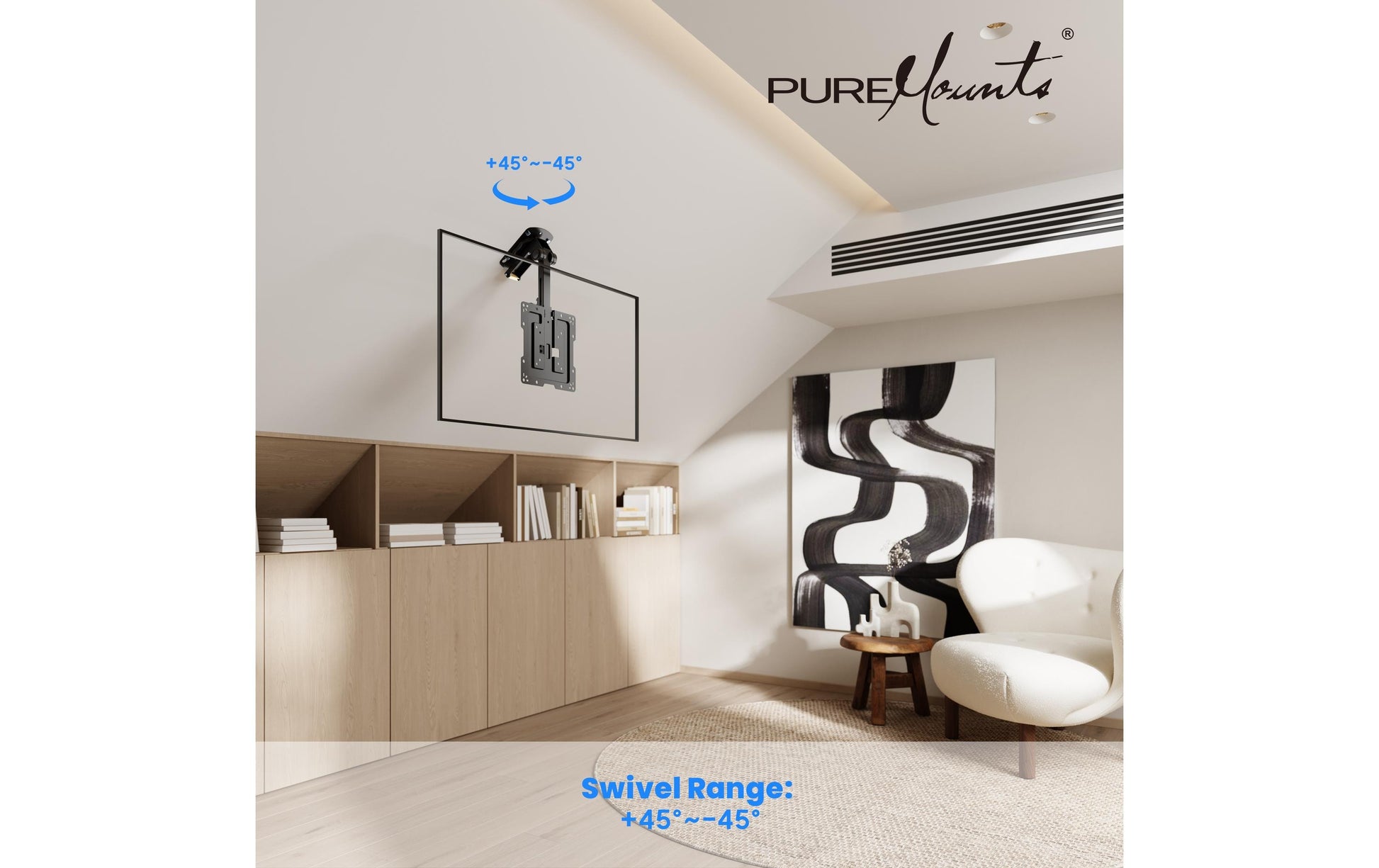 Puremounts Deckenhalterung, neigbar, bis 43", VESA 200×200, bis 20 kg, schwarz