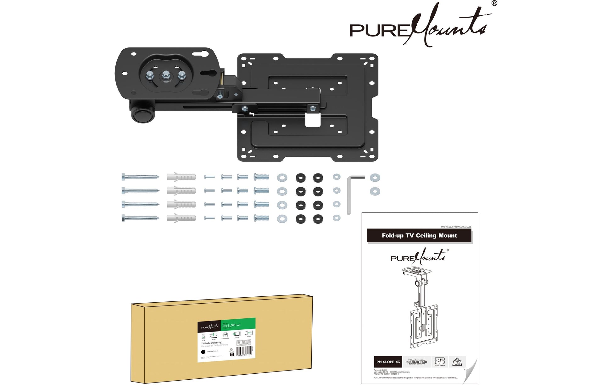 Puremounts Deckenhalterung, neigbar, bis 43", VESA 200×200, bis 20 kg, schwarz