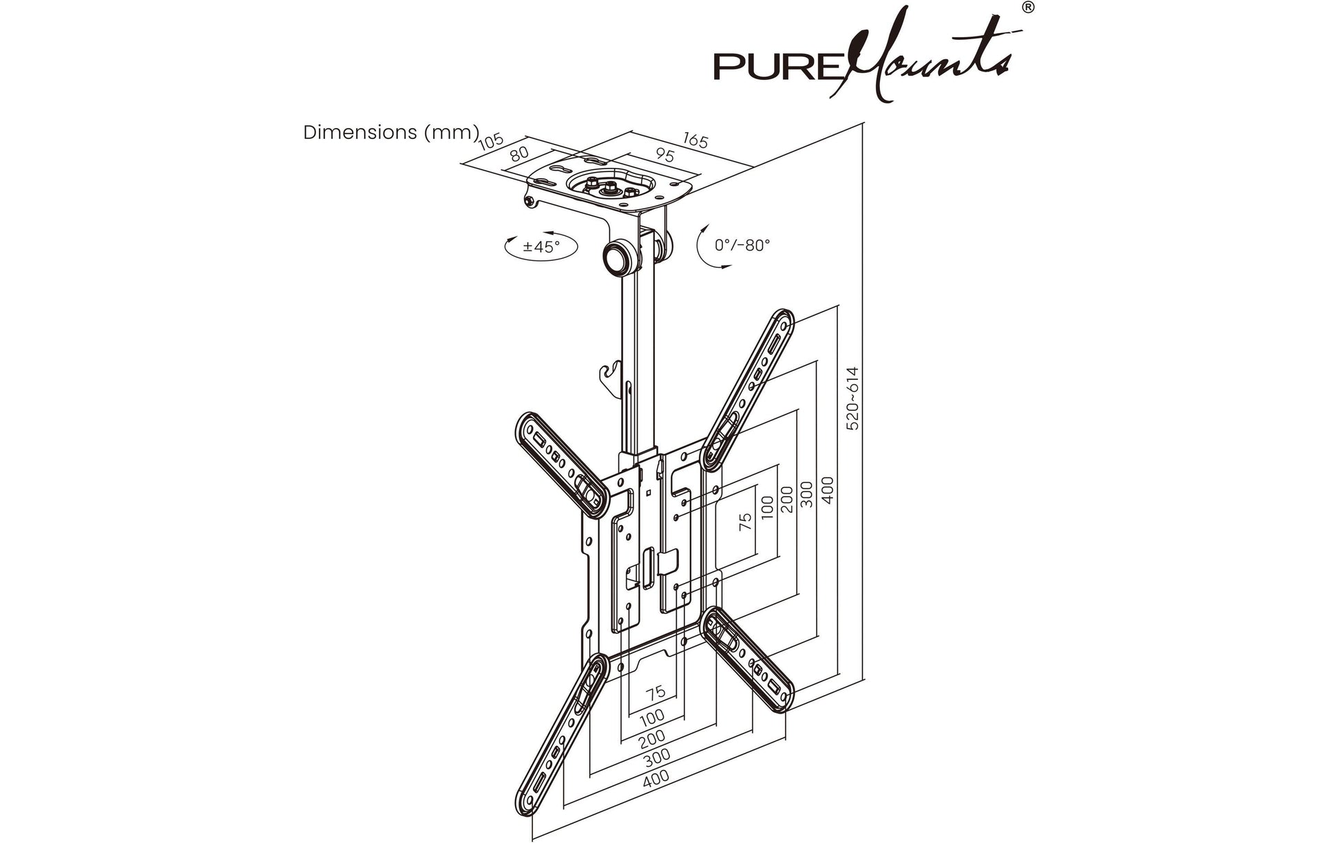 Puremounts Premium Deckenhalterung, bis 55", VESA 100x200, bis 20 kg, schwarz