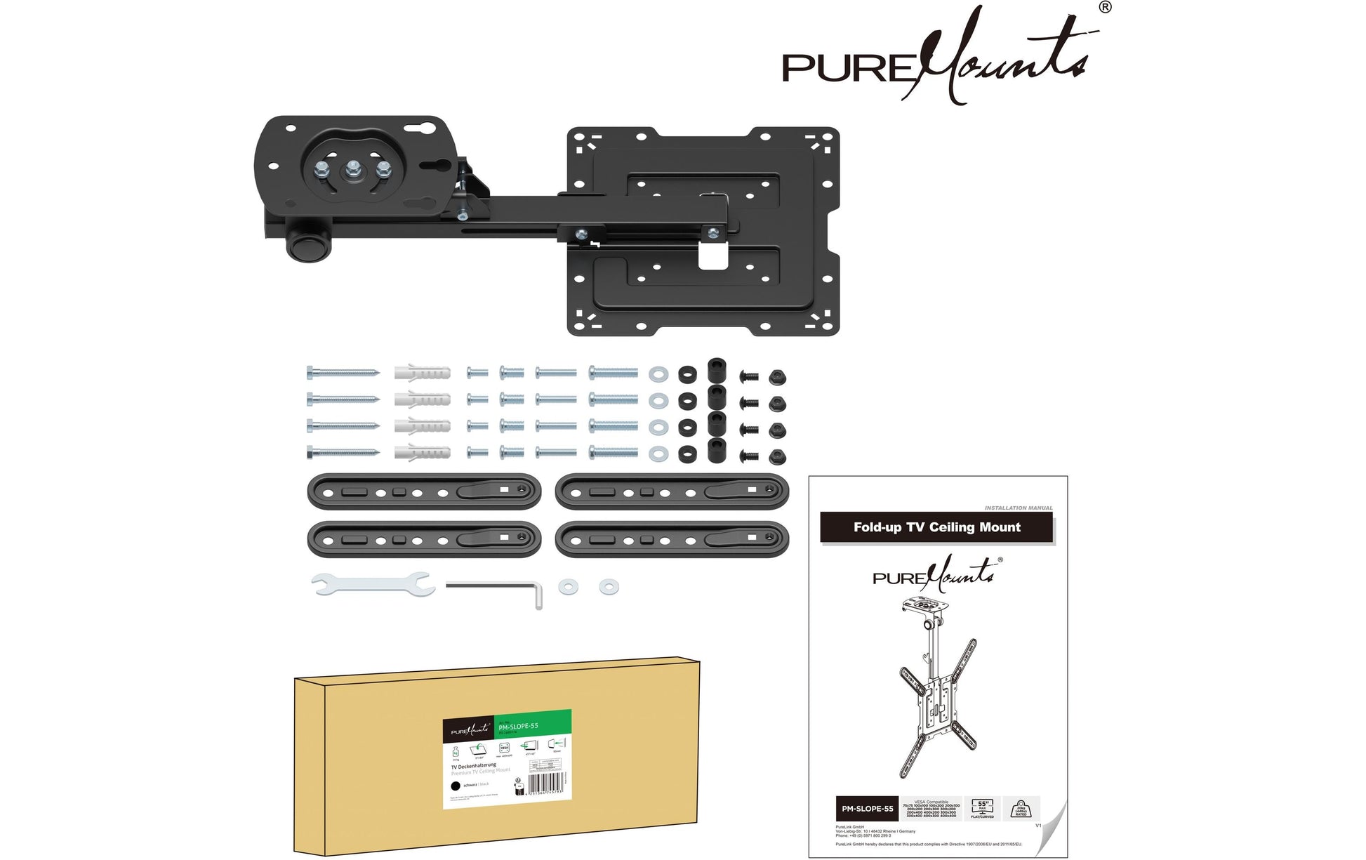 Puremounts Premium Deckenhalterung, bis 55", VESA 100x200, bis 20 kg, schwarz