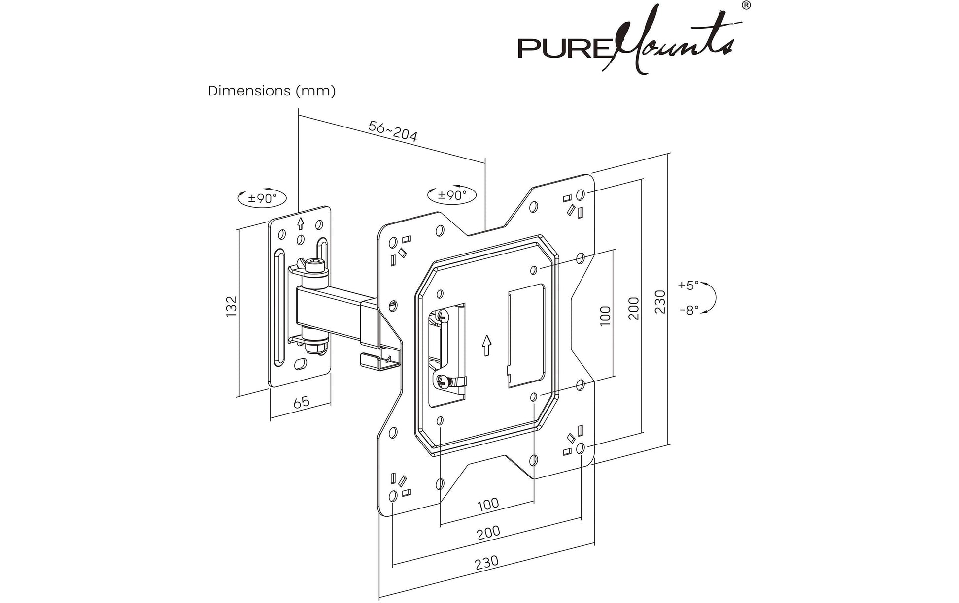 PureMounts Wandhalterung – Neigbar – 27" – VESA 200×100 – bis 30 kg – Schwarz