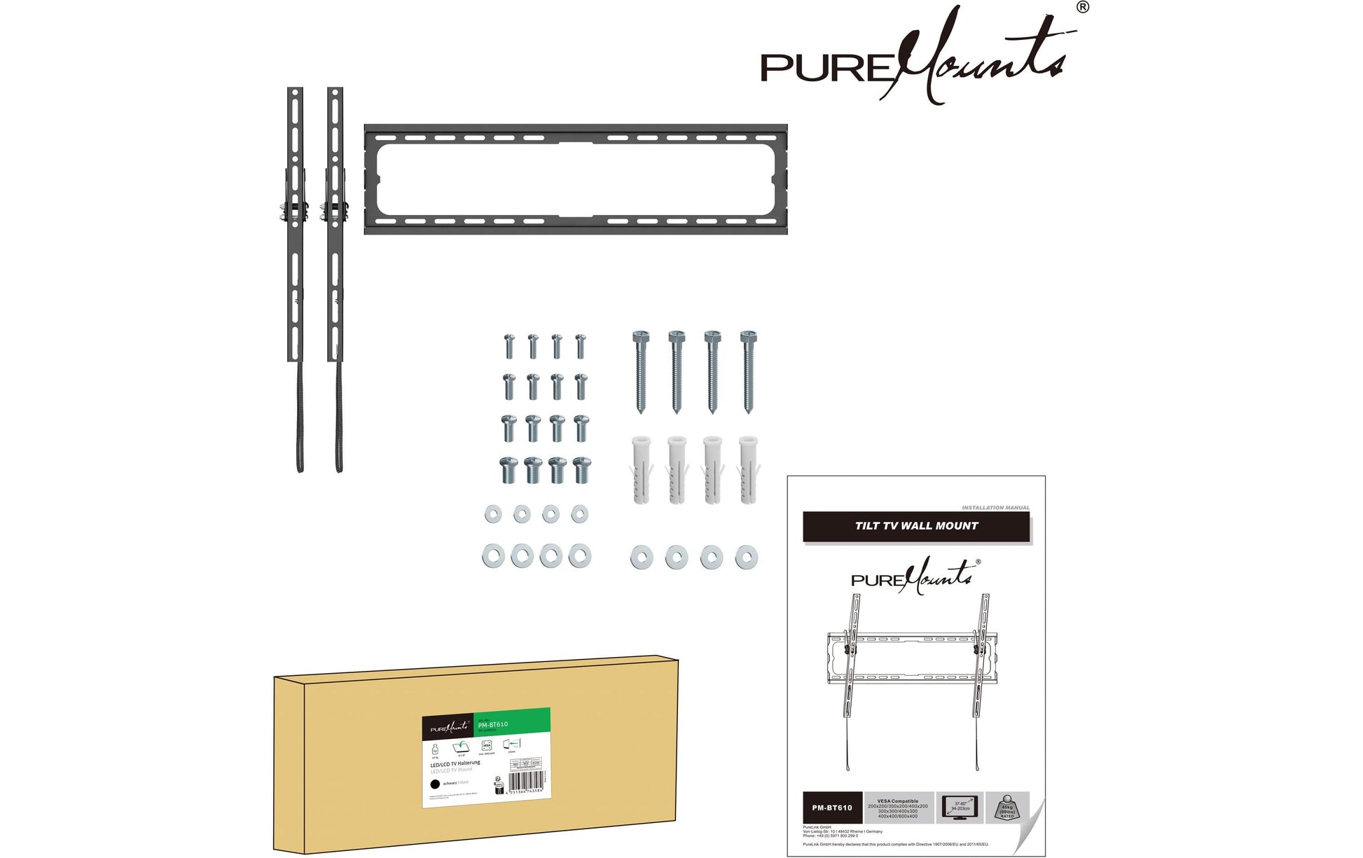PureMounts Wandhalterung – Neigbar – 46" – VESA 400×400 – bis 45 kg – Schwarz