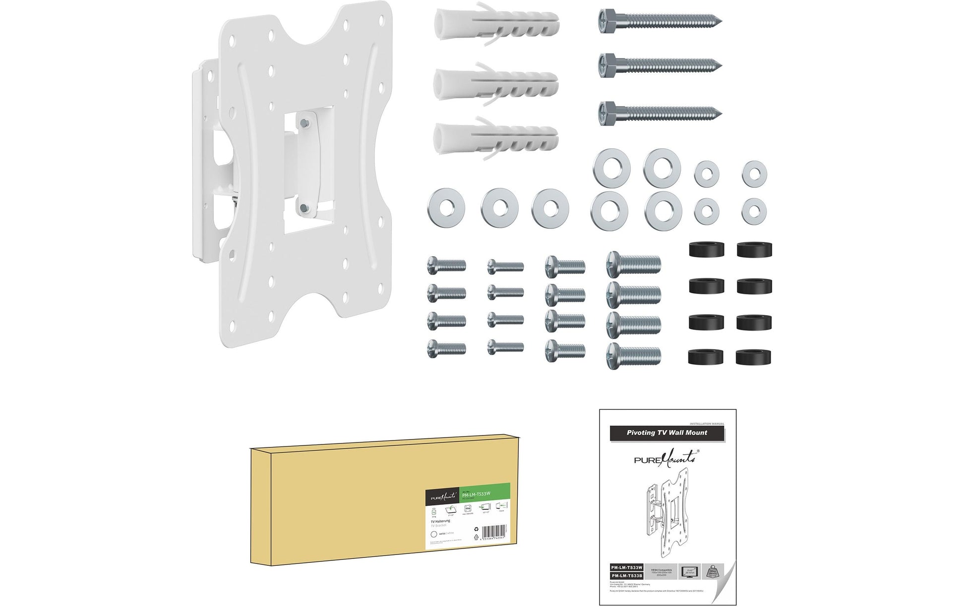 PureMounts – Wandhalterung, neigbar, für 37", VESA 100×100, bis 30 kg, weiss