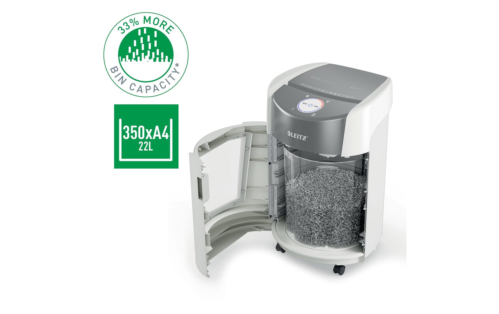 Leitz OptiMax 350 Aktenvernichter – Mikroschnitt, P-5, 2 × 15 mm, 8 Blatt, 22 l